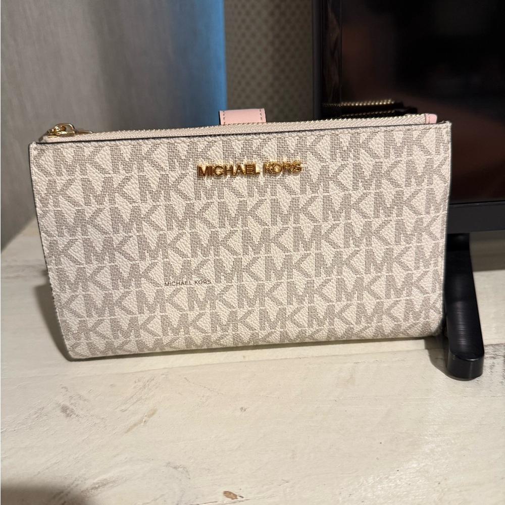 Michael Kors Gray Wristlet Clutch with Monogram Design